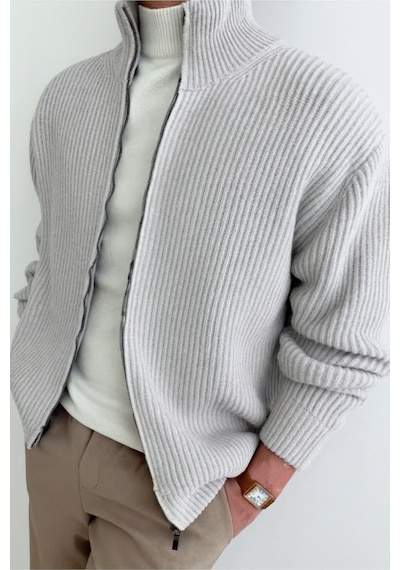 Tarz Cool Erkek Gri Dik Yaka Fermuarlı Slim Fit Triko Hırka Gri