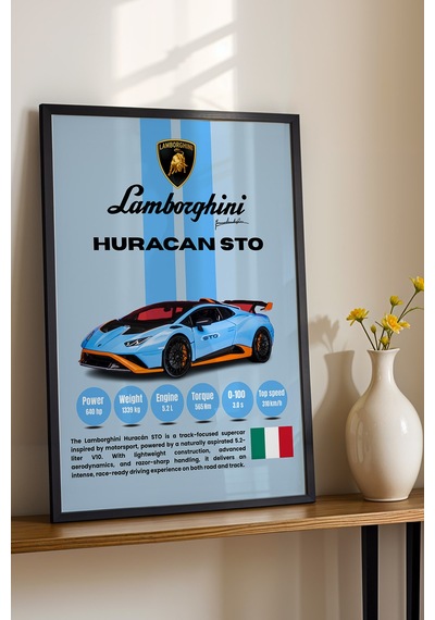 Lamborghini Huracan Sto Premium Araba Tablosu - Teknik Özellikli İtalyan Otomobil Duvar Dekoru Siyah
