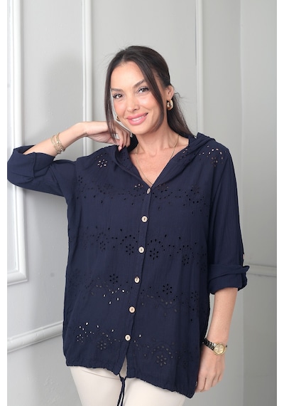 By Saygı Kadın Kapüşonlu Önü Düğmeli Cepli Brode Fisto İşlemeli İtalyan Cotton Ceket Lacivert By Saygı Kadın Kapüşonlu Önü Düğmeli Cepli Brode Fisto İşlemeli İtalyan Cotton Ceket Lacivert