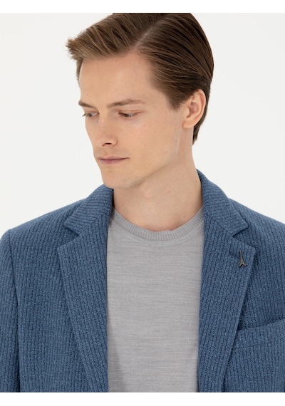 Cacharel Mavi Slim Fit Yün Karışımlı Flanel Ceket