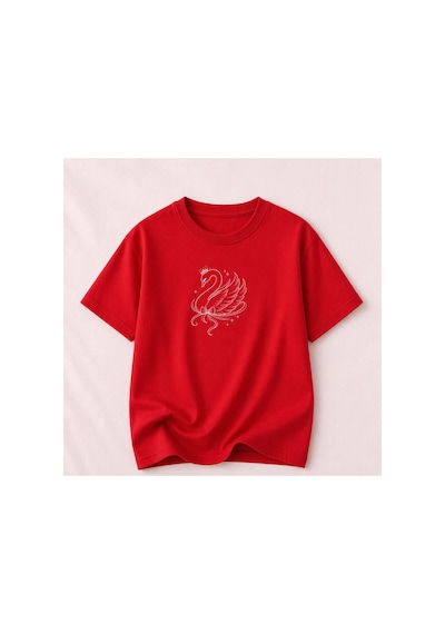 Herkesemoda Kuğu Baskılı Kadın Bisiklet Yaka Pamuklu T-shirt Kırmızı