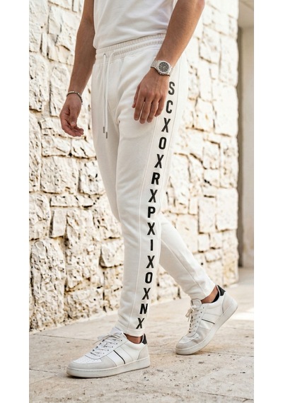 Plus Scorpion Erkek Slim Fit Eşofman Altı Yazılı Şerit Detaylı, Dar Paça Jogger Pantolon Beyaz