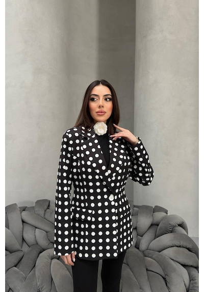 Cemo Kadın Puantiyeli Tek Düğmeli Blazer Ceket Siyah