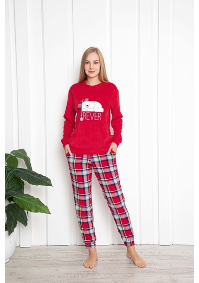 Aydoğan Kadın Pijama Takımı Baskılı Kadife Uzun Kol Kışlık Kırmızı