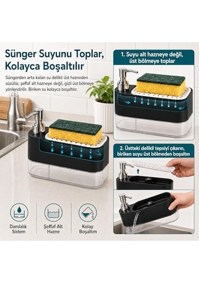 Sünger Hazneli Basmalı İkisi Bir Arada Otomatik Tezgah Üstü El Ve Bulaşık Yıkama Düzenleyici Organizer Banyo Mutfak İçin Duo Sıvı Sabunluk Siyah 000 Açık Krem