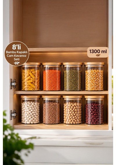 Porsima 2-4 Bambu Borosilikat Vakumlu Kapaklı Yuvarlak Cam 8li Kavanoz Seti Saklama Kabı 1300ml 10x20cm