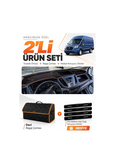 E-biz Ford Transit 2015-2022 Uyumlu Torpido Örtüsü + Deri Bagaj Çantası - Siyah-kahverengi - Fo030