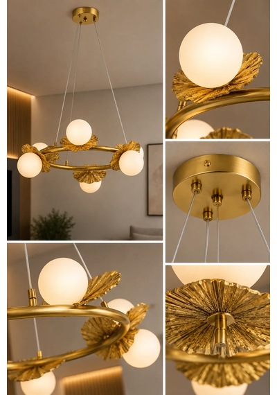 Modern Premium 6lı Eskitme Halka Sarkıt Avizesi Salon Mutfak Oturma Odası Modelleri 6 Ampül X G9 Duy Gold