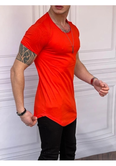 Modefendi Slim Fit Oval Kesim Pamuk Basic Tshırt Kırmızı