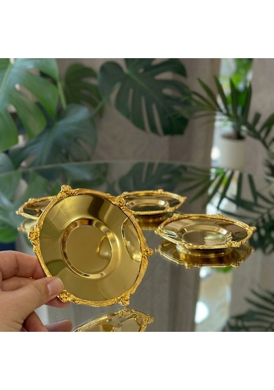 Gold - Gümüş Dekoratif Çerçeveli 6 Lı Metal Çay Tabağı Seti Lüks Çay Sunum Tabağı Altın