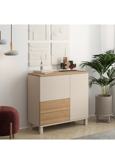 Robin Home Urban Çok Amaçlı Dolap Ahşap Ayaklı 2 Kapaklı 2 Çekmeceli Kumsal-sepet Bej