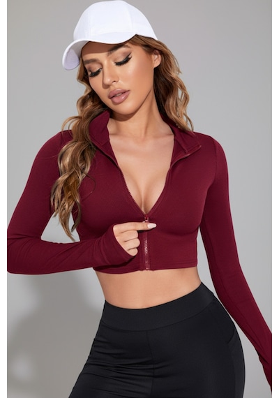 Fantezia Night Kadın Bordo Uzun Kol Fermuarlı Parmak Geçme Detaylı Dik Yaka Crop Top Bluz