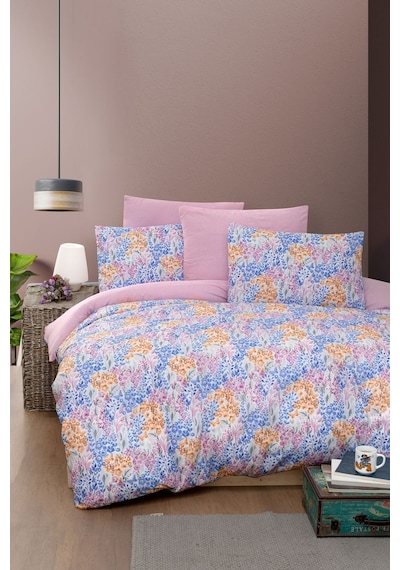 Mystory Home  Lastikli Çarşaflı Çift Kişilik Nevresim Takımı Colore Mavi - Pembe - Turuncu