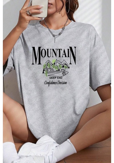 Uyguntarz Unisex Montain Baskılı T-shirt Gri