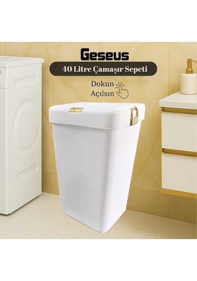 Gold Tekli Dokunmatik Çamaşır Sepeti Çöp Kovası Temizlik Kovası Kirli Sepet 40 Litre-mt008 Beyaz