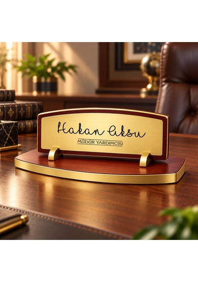 Bk Gift Kişiye Özel Ahşap Masa İsimliği Gold Plakalı Bk27 -1 Çok Renkli