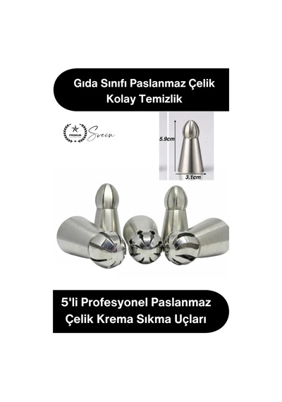 Pastasüsleme Pasta Süsleme 5'li Profesyonel Büyük Boy Paslanmaz Çelik Krema Sıkma Fırfır Duy Uçları Gri