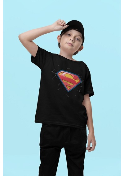 Sevbano Süperman Logo Baskılı Unisex Süper Kahraman Film Çocuk Tişört 1- SIYAH