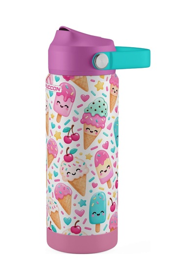 Puccon 540 Ml Renkli Dondurma Desenli Pembe Kız Çocuk Pipetli Çelik Termos Matara/suluk - 60049