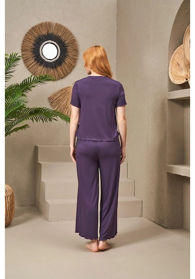 Pjs 25109 Kadın V Yaka Kısa Kollu Bol Paçalı Pijama Takım Mor