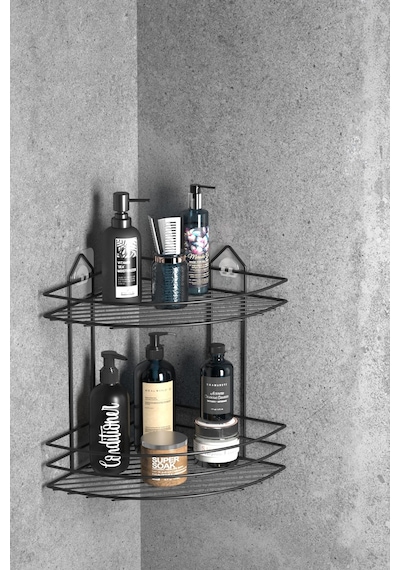 Teknotel Banyo Düzenleyici Şampuanlık Sabunluk 2 Katlı Yapışkanlı Banyo Duş Rafı Siyah St002 Siyah