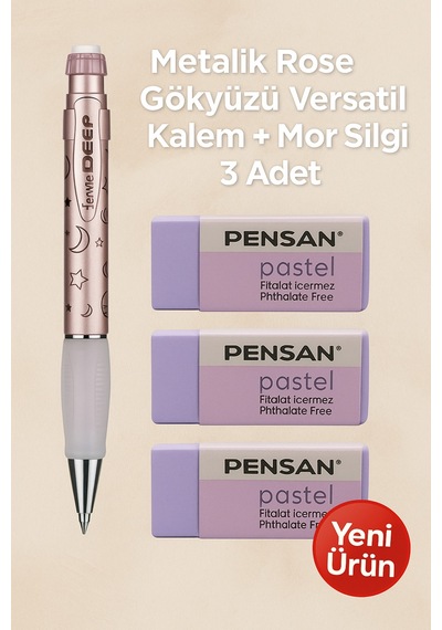 Metalik Mavi 0.7 Versatil Kalem + Pastel Mavi Silgi 3'lü Set Metalik Rose
