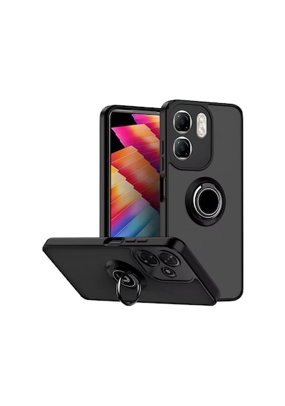 Infinix Smart 9 Uyumlu Kılıf Yüzüklü Standlı Extra Darbe Koruma Sert Silikon Kapak - Siyah