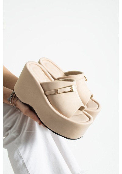 Dabab Shoes Lunara Kadın Bej Kumaş 10 Cm Platform Topuk Tokalı Kalın Taban Terlik Sandalet