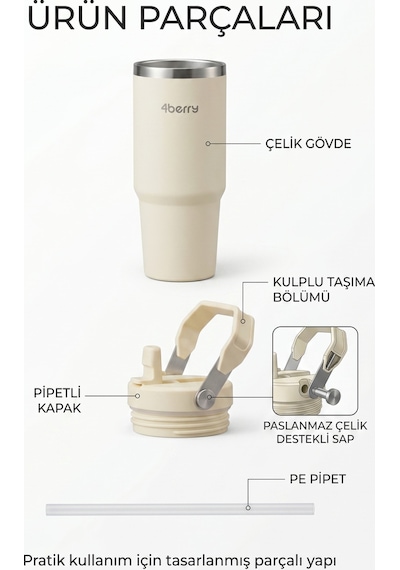 Ss119 900 Ml Çelik Termos Bardak Pipetli Kulplu Taşınabilir Su Matarası Krem