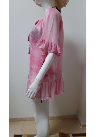 Mayomer Kadın Pembe Batik Desenli Mayo Üstü Elbise Plaj Elbisesi Pareo Pembe
