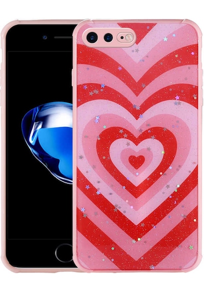 Goocamp Apple iPhone Uyumlu 7 Plus Kılıf Simli Desenli Kamera Korumalı Parlak Popy Kapak - Kalp Kalp