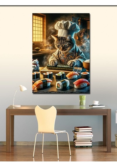Kanvas Tablo Sushi Yapan Aşçı Kedi 70cmx100cm