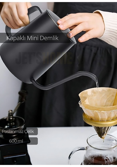 Kapaklı Demlik Paslanmaz Kahve Demliği İndüksiyon Uyumlu Çelik Demlik 600 Ml Siyah