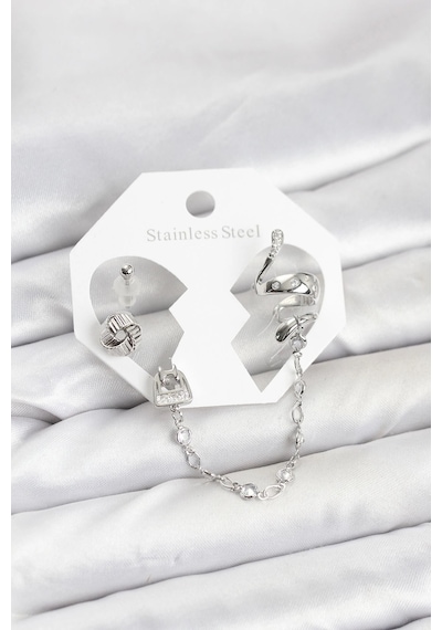 Mey İthalat Pirinç Gümüş Renk Yılan Model Zincir Bağlantılı Ear Cuff Küpe Seti Diğer