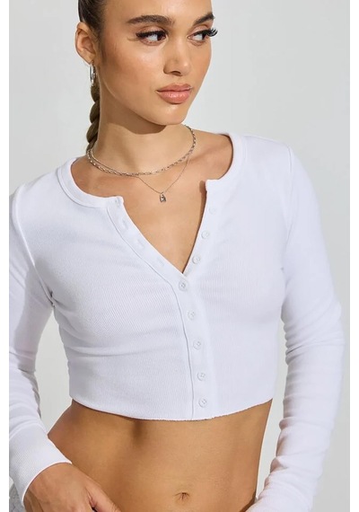 Madmext Beyaz Uzun Kollu Düğmeli Kaşkorse Crop Hırka Mg2193 Beyaz
