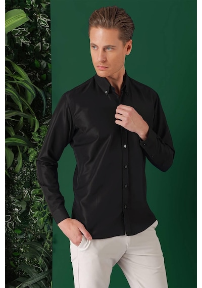 Efor Slim Fit Düğmeli Yaka Pamuklu Klasik Siyah Gömlek Gk 715 Siyah