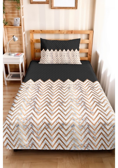Siyah Geometrik Modern Tek Kişilik Pike Takımı - Mermer Görünümlü Bakır 160x220 Cm Yatak Örtüsü Mistik Harmoni Harmonu
