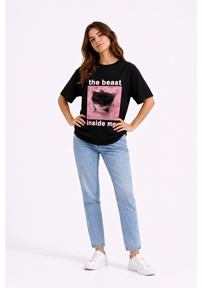Nevermind The Beast Inside Me Baskılı Unisex Oversize Tişört Siyah Kedi Gra