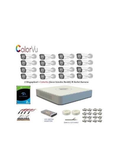 Hikvision 2 MP 16 Kameralı 2 TB Disk Dış ortam AHD HD-TVI ColorVu Gece Renkli Kamera Seti