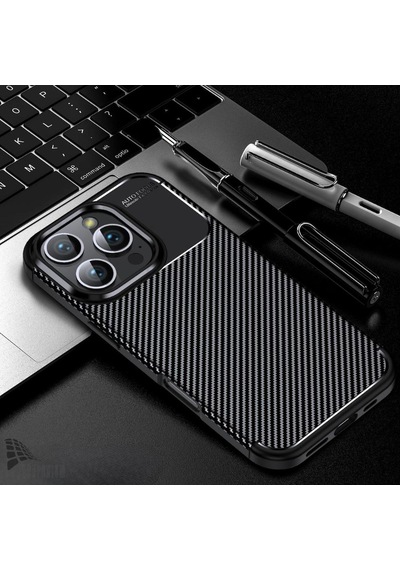 Apple Uyumlu iPhone 16 Pro Silikon Kılıf Karbon Desenli Kamera Korumalı Autofocus Kapak Siyah Siyah