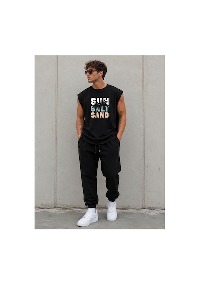 Herkesemoda Sun Salt Baskı Detaylı Sıfır Kol Bisiklet Yaka T-shirt Siyah