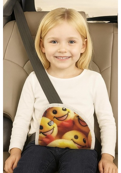 Emoji Desenli Seatbelt Yastığı, Çocuklar İçin Emniyet Kemeri Koruyucu, Sarı Ve Kırmızı Renkte, Beyaz Kenar Şer Genel