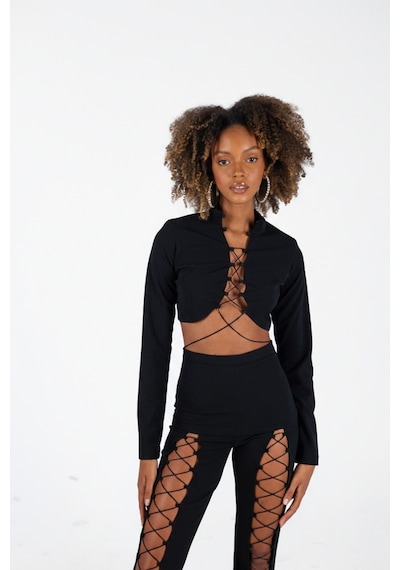 Holly Lolly Crop Model Dekolteli Bel Bağlamalı Lui Bluz Siyah