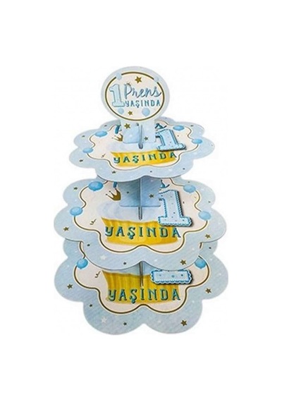 1 Yaş Erkek Karton Cupcake Kek Standı 3 Katlı