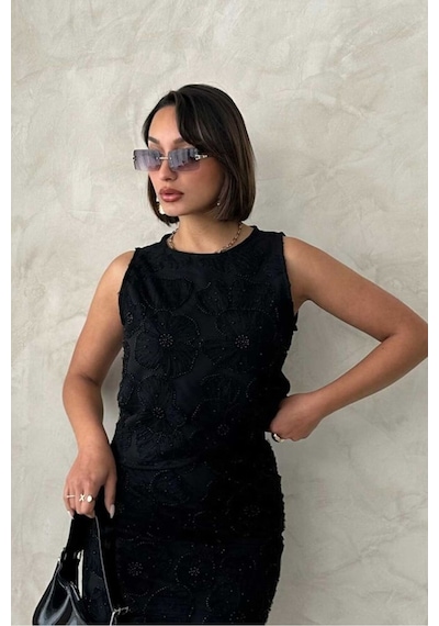 Verymoda Boncuk İşlemeli Kolsuz Bluz - D2769 Siyah