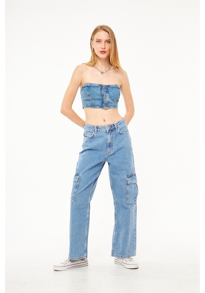 Bol Kesim Kadın Denim Kargo Pantolon 001