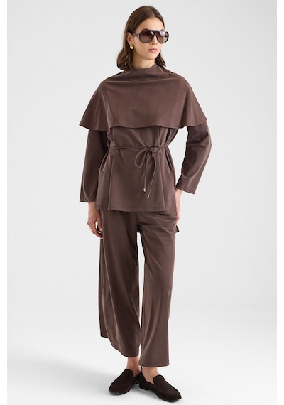 Olcay Şal Aksesuarlı Premium Kumaş Tunik Pantolon Kahve 9470-tk