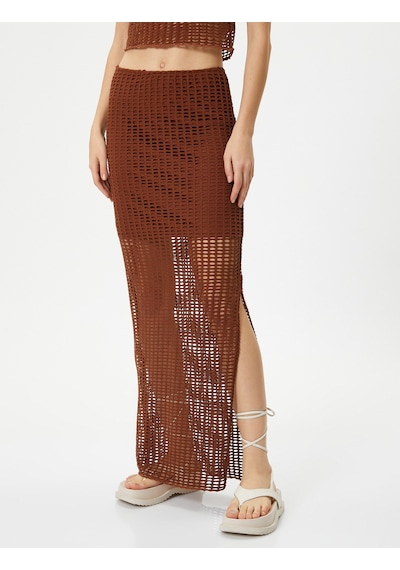 Koton Uzun Kroşe Etek Ajurlu Yüksek Bel Yanları Yırtmaçlı Astarlı Slim Fit Kahverengi 4sal70009ık Kahve