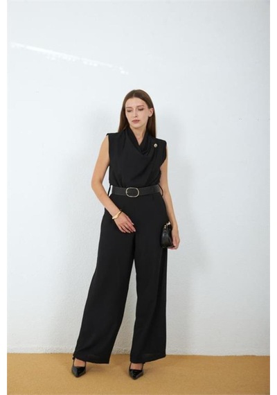 Neşeli Butik Kadın Siyah Degaje Yaka Kemerli Kolsuz Geniş Paça Tulum Nbmy4030