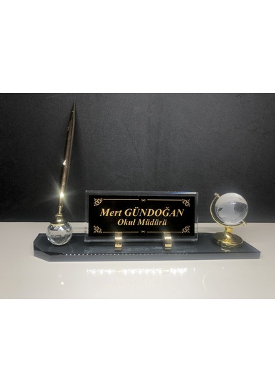 Cam Masa İsimliği Masaüstü Kişiye Özel Füme Gold Yazı Seti